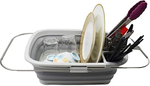 Miniatura 5 de SAMMART Escurridor de platos de plástico plegable expandible de 8L (2.11 galones), estante de secado plegable, organizador de vajilla portátil,