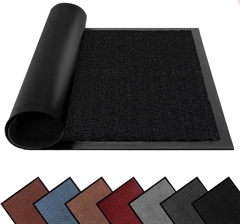 Washable Dirt Trapper Door Mats Indoor & Outdoor, Heavy Duty Non Slip Doormats, Rubber Backed Floor Mat, Super Absorbent Front Door Mat, Entrance Rug (Black-waved, 90cm x 150cm)