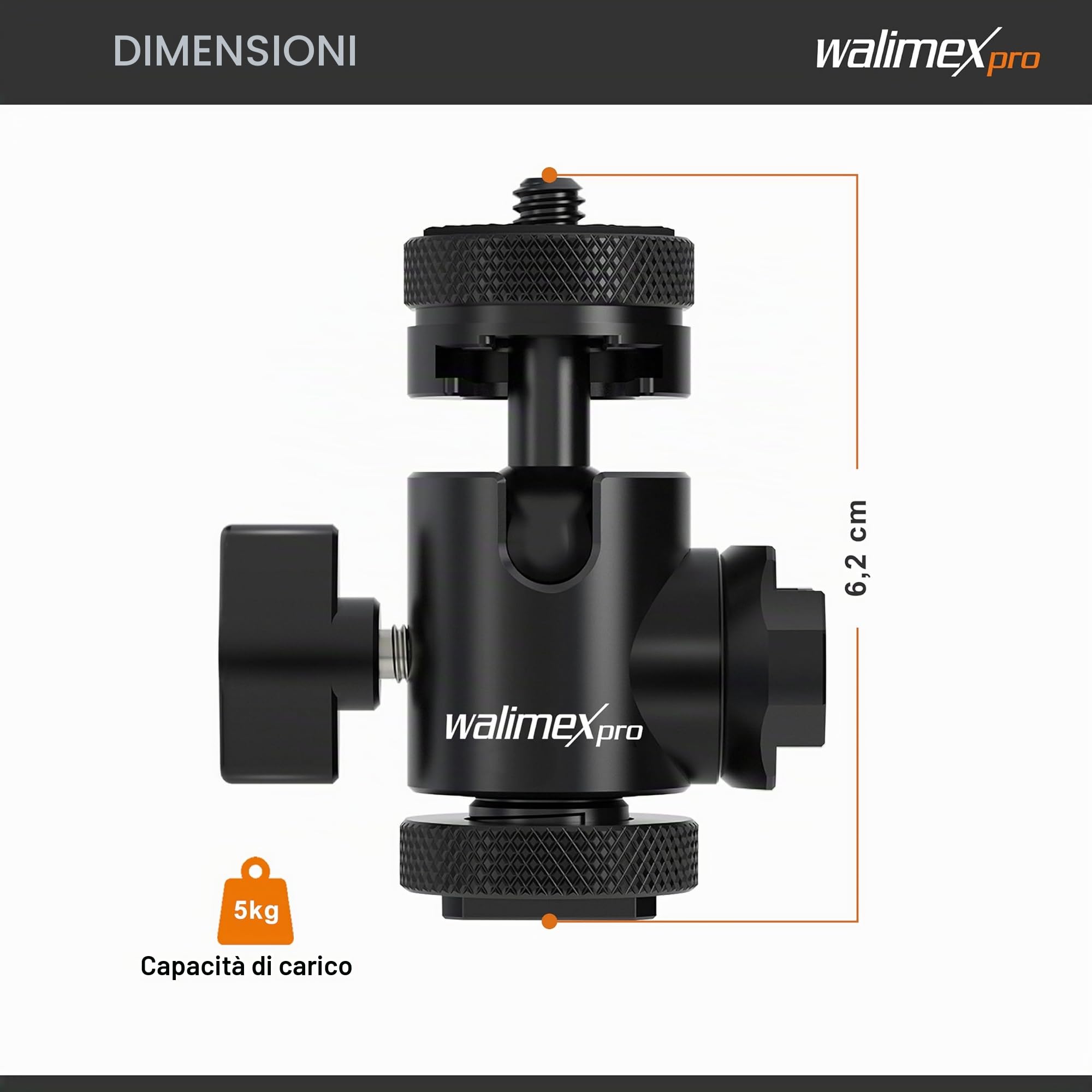 Walimex pro Mini testa a sfera portatile a doppia slitta, attacco da 1/4", max 5 kg, girevole a 360° e orientabile a 180°, per stativi treppiedi fotografici fotocamere, luce LED, smartphone