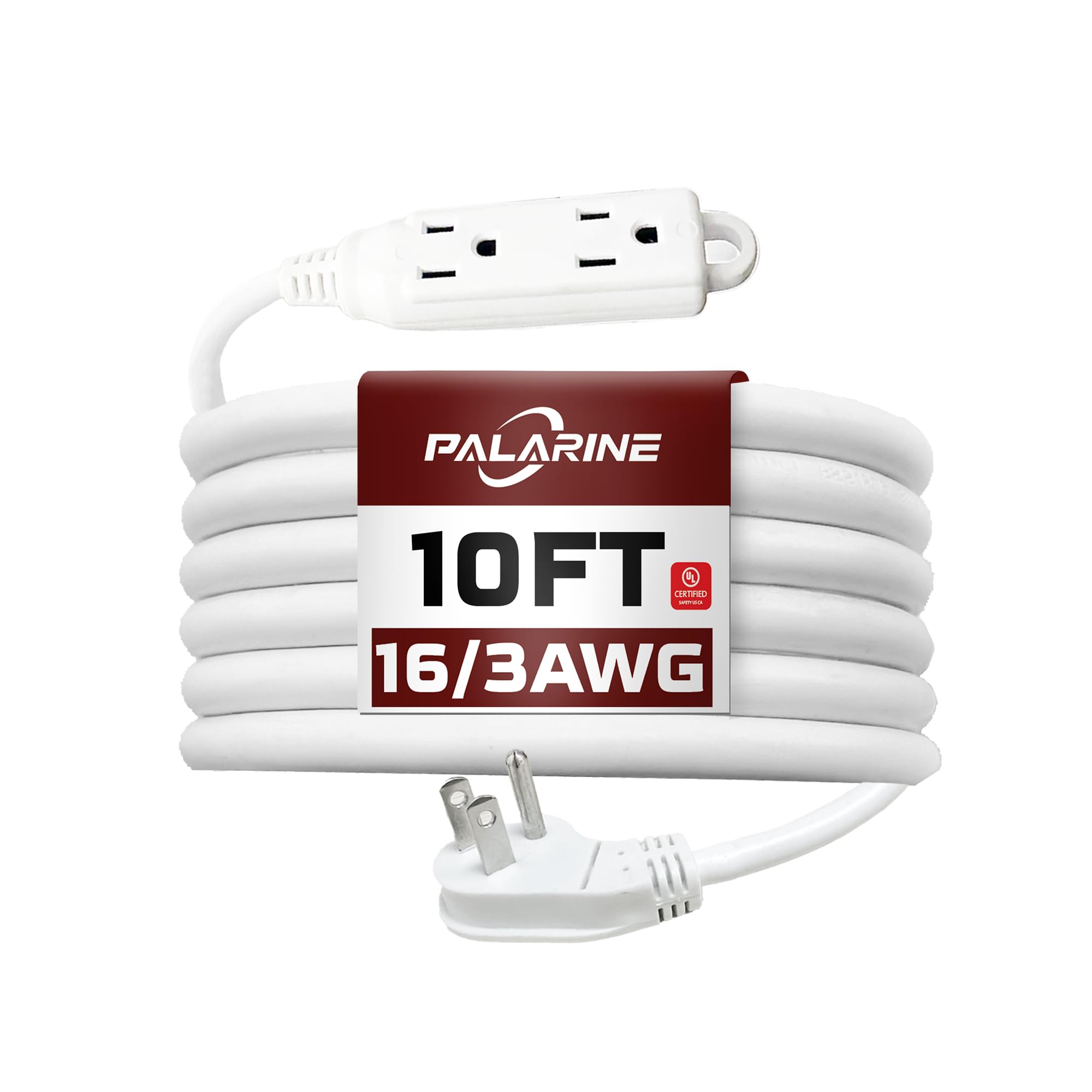 PALARINE Indoor Extension Cord 3 Outlets Flat Plug Power Strip, UL Listed, 16 Gauge 10 ft White 3 Prong Heavy Duty, 16/3 SJTW 13A Outlet Extender