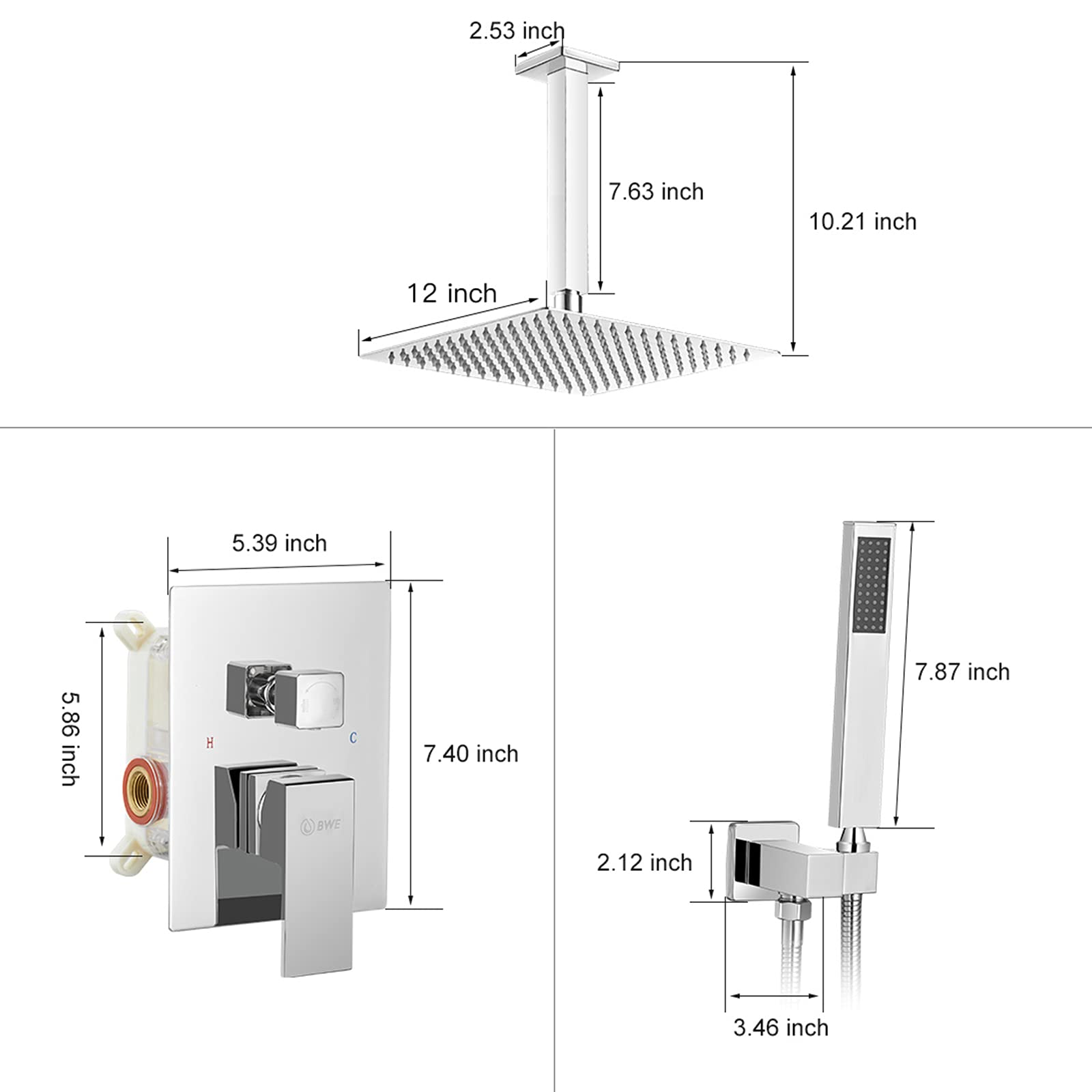 BWE Shower Faucet Chrome 12 Inch Square Luxury Rain Mixer Shower System