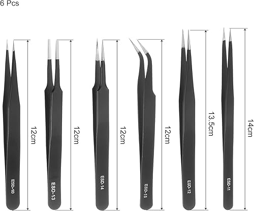 Miniatura 2 de uxcell Juego de 6 pinzas de precisión antiestáticas no magnéticas de acero inoxidable ESD, juego de pinzas de punta fina para laboratorio de