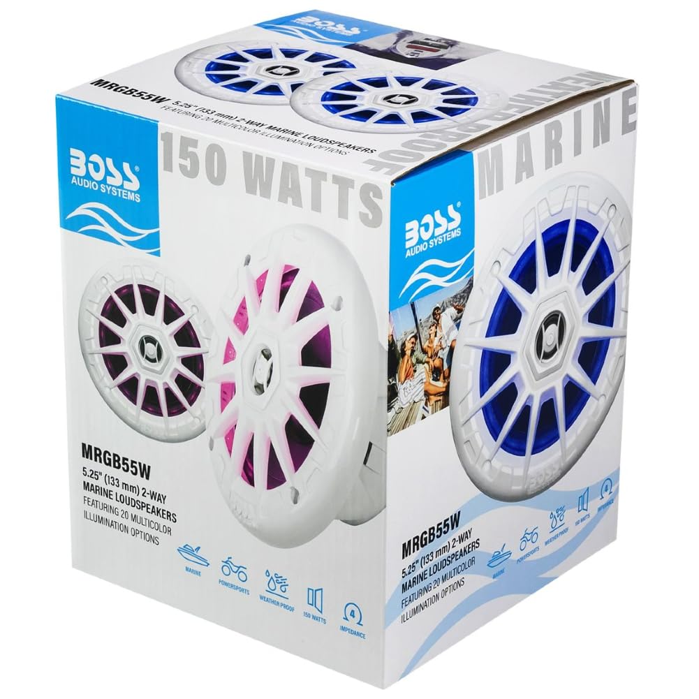 Kit Set para Boss Audio Systems MRGB55W 2 Altavoces coaxiales de 5,25" 13,3 cm 2 vías, 75 vatios rms 150 vatios máx, 4 ohmios, Resistentes al Agua, con led RGB, el par + Mando a Distancia Gratis