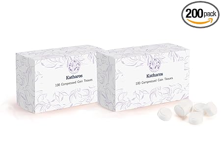 Katharos Compressed Coin Tissues, Magic Tablet Towel, Hypoallergenic Disposable Napkins, Cleaning Wipes for Face, Beauty, Baby, Home, Outdoors Hiking, Travel (Pack of 200)