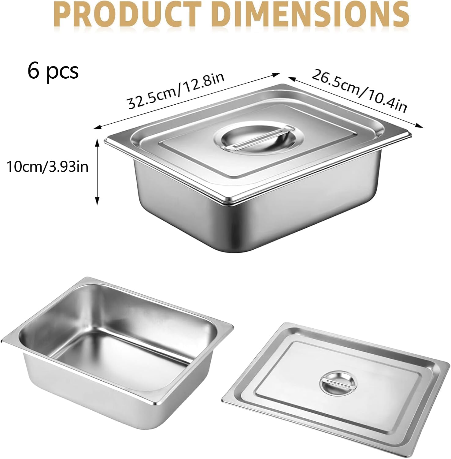 6 contenitori GN 1/2, 32,5 x 26,5 x 10 cm, in acciaio inox con coperchio, contenitore per alimenti, torte, hotel, tavolo