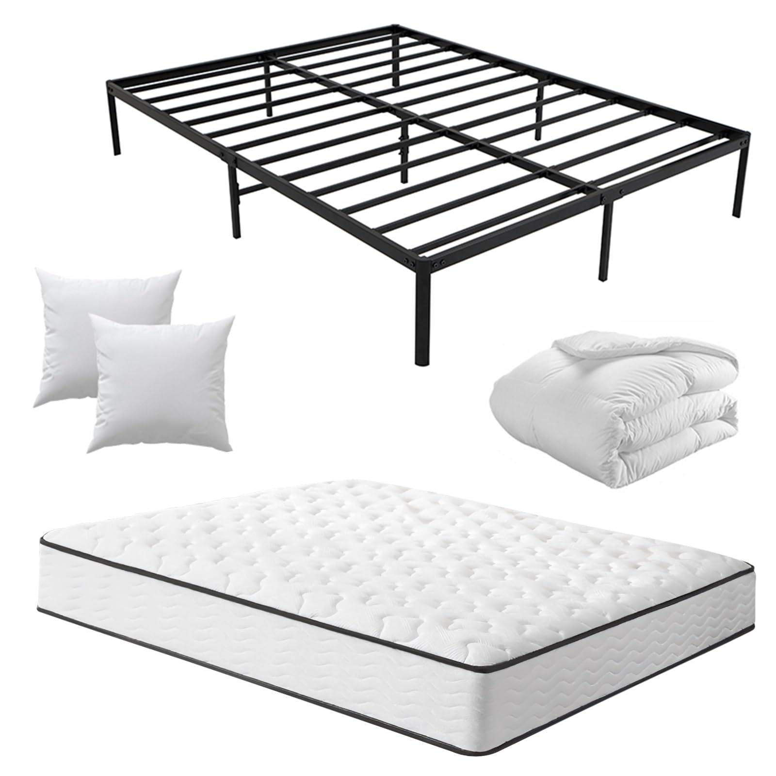Ensemble Matelas 160x200 et Lit et Couette et 2Oreillers(Pack Matelas 160x200+Lit Métal)