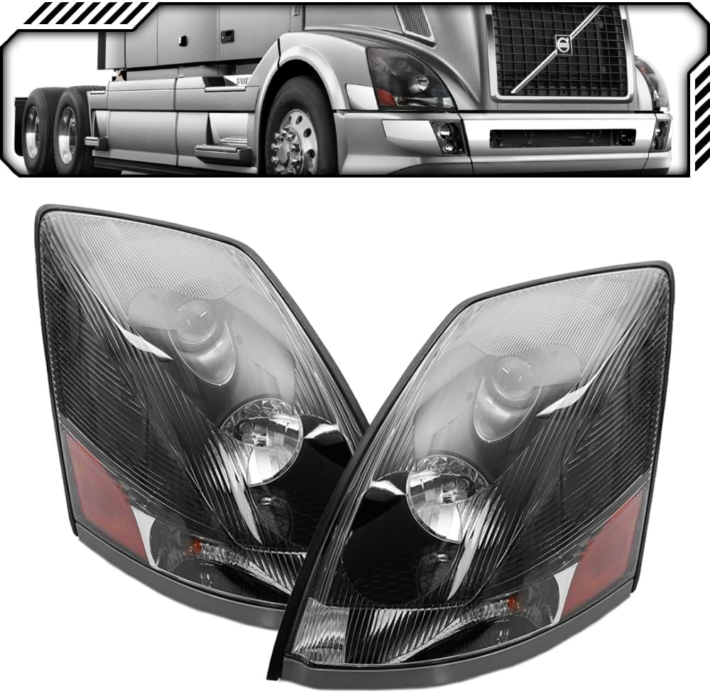 EPIC LIGHTING AMOE Replacement Black Bezel Headlights Assembly Compatible with Volvo 2004-2018 VNL 04-18 VNM 04-15 VN Semi Truck Heavy Duty [ 82329124 VO2502156 82329127 VO2503156 ] Pair