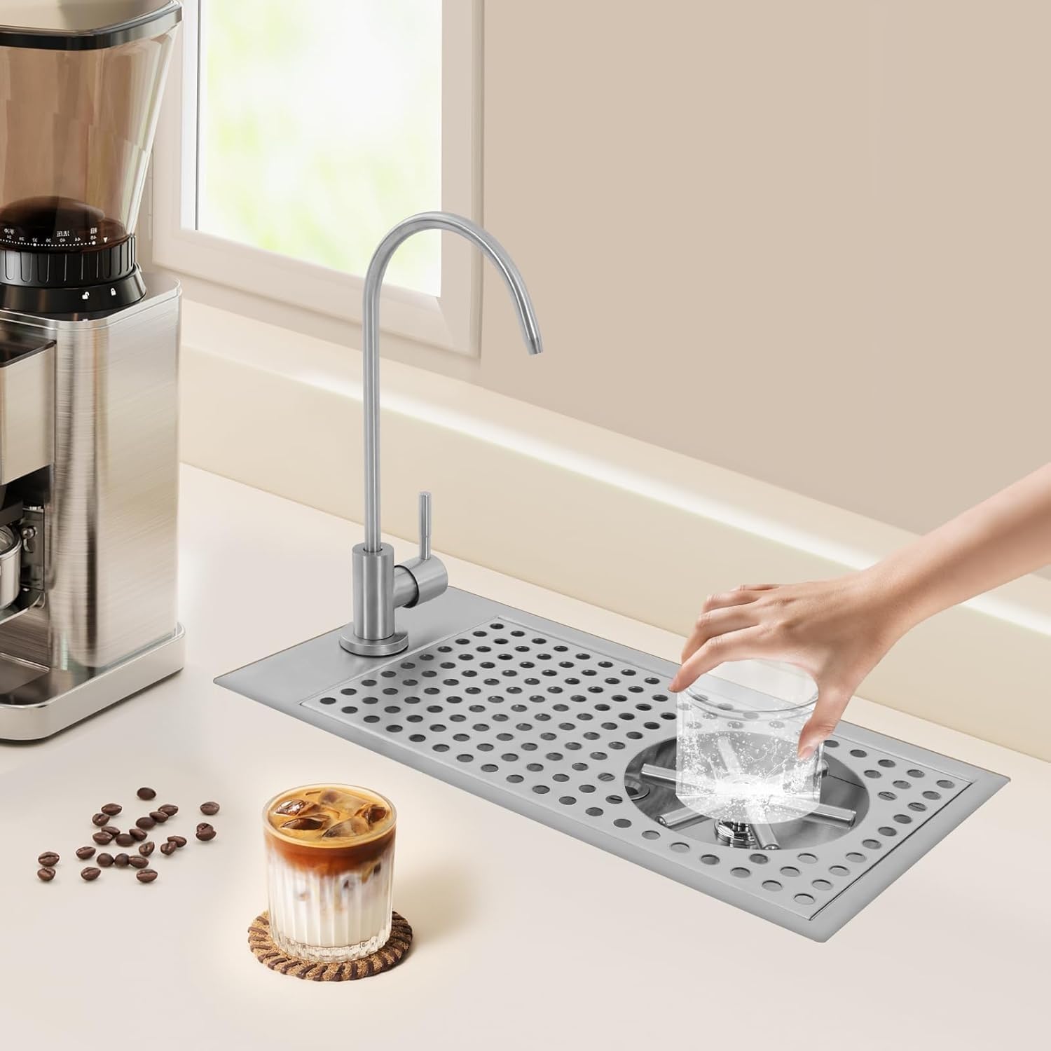 Lavavasos Empotrable con Grifo, Enjuagador de Vidrio de Acero Inoxidable Equipado con Bandeja de Goteo, for Bar en Casa, Cafetería y Restaurante