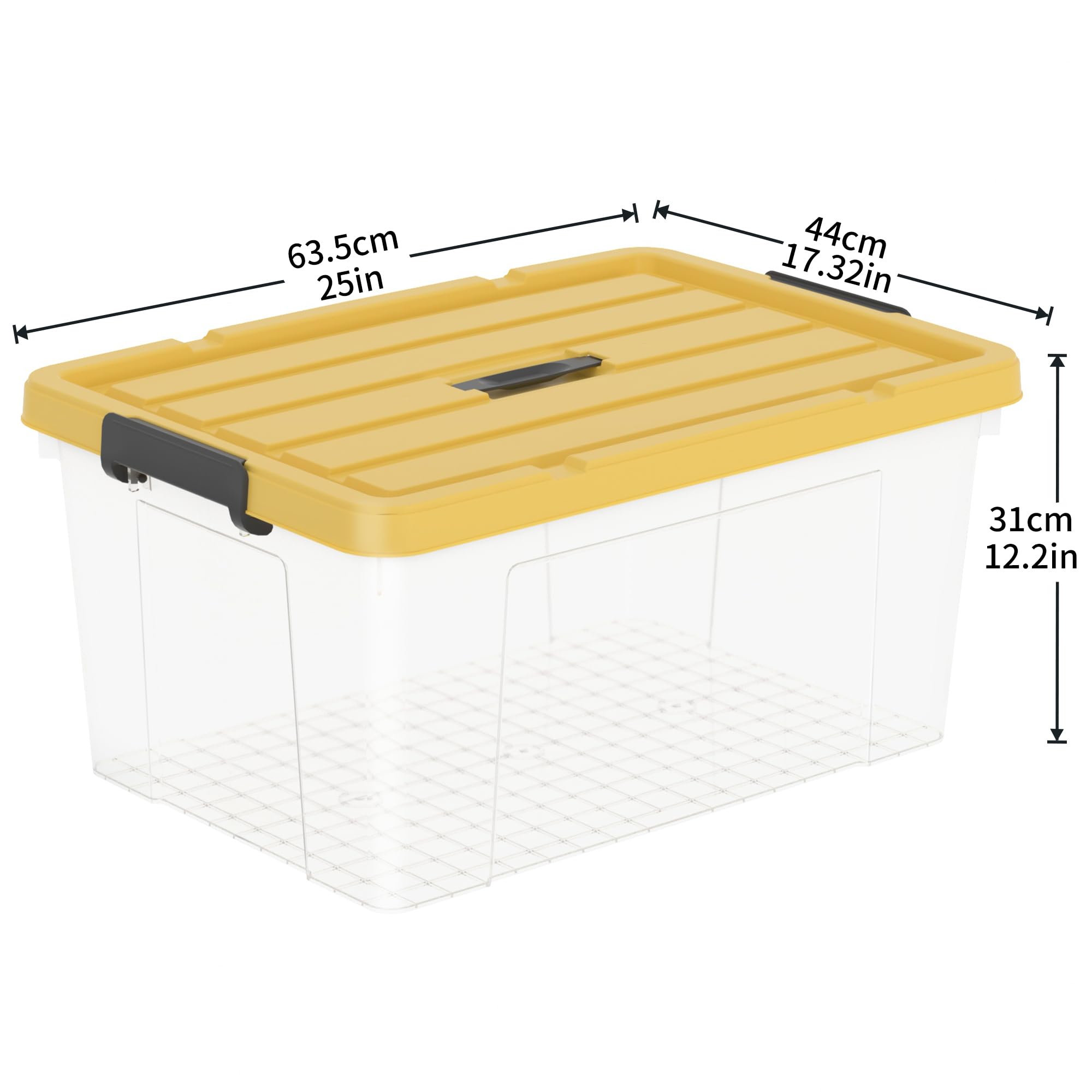 Cetomo 65L*3 Aufbewahrungsboxen, Tragbare Plastikboxen mit Deckeln, Organizer-Behälter mit Griff und Clips, Stapelbar, Ineinander Nestbar, für Zuhause und Büro, Transparent & Gelb, 65L-3er Pack