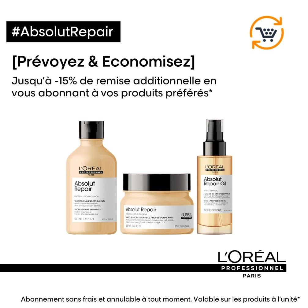 L'OREAL PROFESSIONNEL - Restructuration Instantanée - Absolut Repair Golden - Cheveux Secs & Abîmés - Répare & Protège Intensément - 7x Plus de Brillance