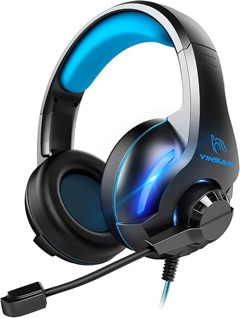 YINSAN Gaming Headset for PS4, Xbox One Headset with Mic Surround Stereo Gaming Headphone with LED Light, Compatible with Nintendo Switch PS5 Xbox Series X/S PC (USB Extension Cable Included), Blue