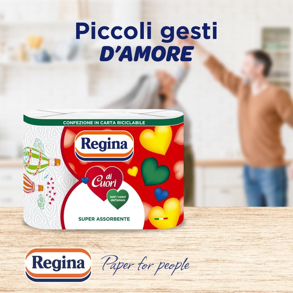 Regina 30 Rotoloni di Carta Igienica + 30 Rotoli Carta Cucina di Cuori | 500 Fogli a 2 Veli, Lunghi Più del Doppio dei Normali Rotoli e 50 Fogli a 2 Veli, Grande Assorbenza, Spessa e Resistente