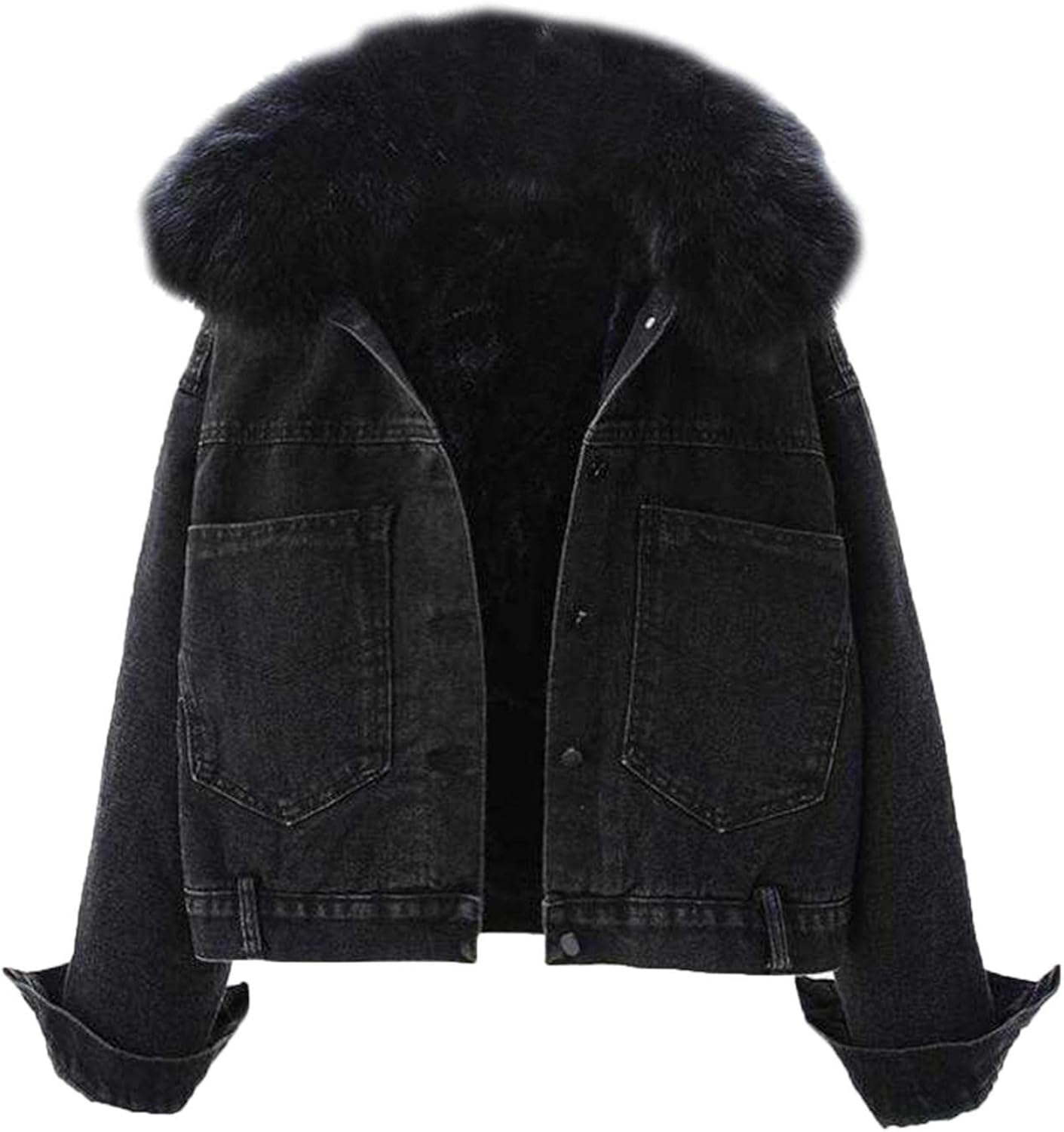 black fur lined denim jacket womens