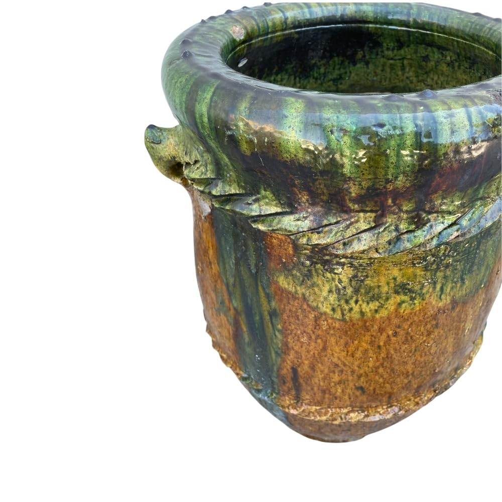Marokkanische Vase Tamegroute, Amphore, handgefertigt, aus Keramik, Grün und Ocker, 38 x 38 x 62 cm