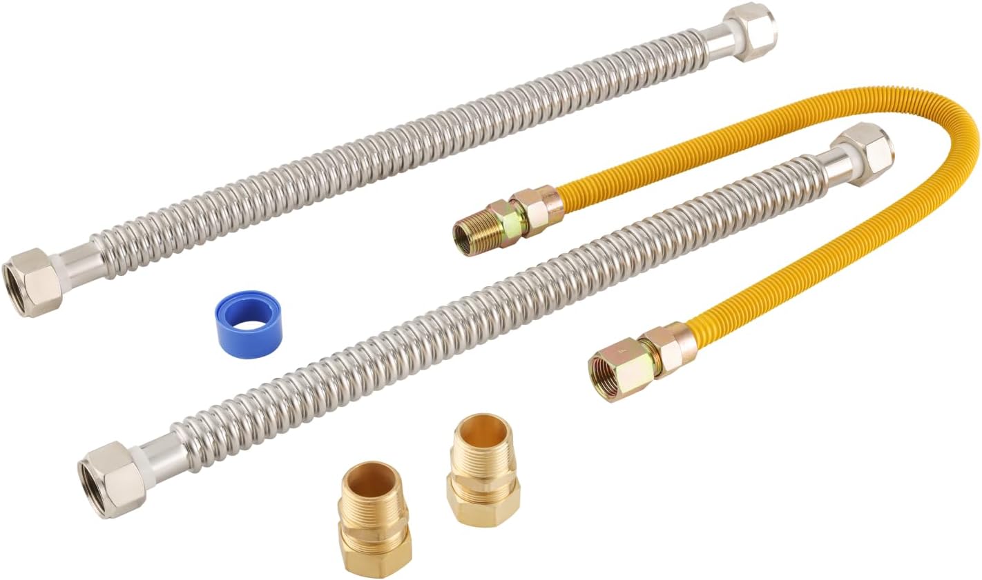 Electric Gas Water Heater Installation Kit, 2pcs 3/4 FIP 18 Inch Water Heater Connector, 1 pc 1/2 MIP*1/2 FIP 24 Inch Yellow Gas line, 2pcs compression adapters