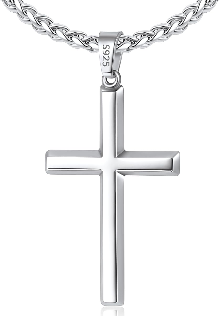 Collar de cruz italiano de plata de ley 925 para hombres, collar de cruz para hombre de plata de ley chapada en oro de 18 quilates con cadena de trigo de acero inoxidable de 3 mm, regalos de joyería para hombres 18 20 22 24 26 pulgadas