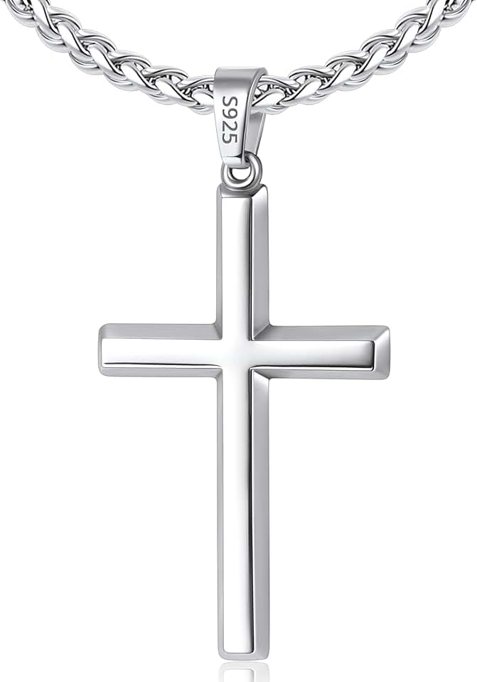 Colar com cruz de prata esterlina 925 italiana para homens e meninos, colar masculino de prata esterlina 18 k banhado a ouro 18 k com corrente de trigo de aço inoxidável de 3 mm, presentes de