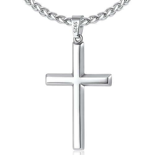Italian 925 Sterling Silver Cross Necklace for Men, 18k Gold Plated Sterling Silver Mens Cross Necklace with 3mm Stainless Steel Wheat Chain, Jewelry Gifts for Men 18 20 22 24 26 Inch