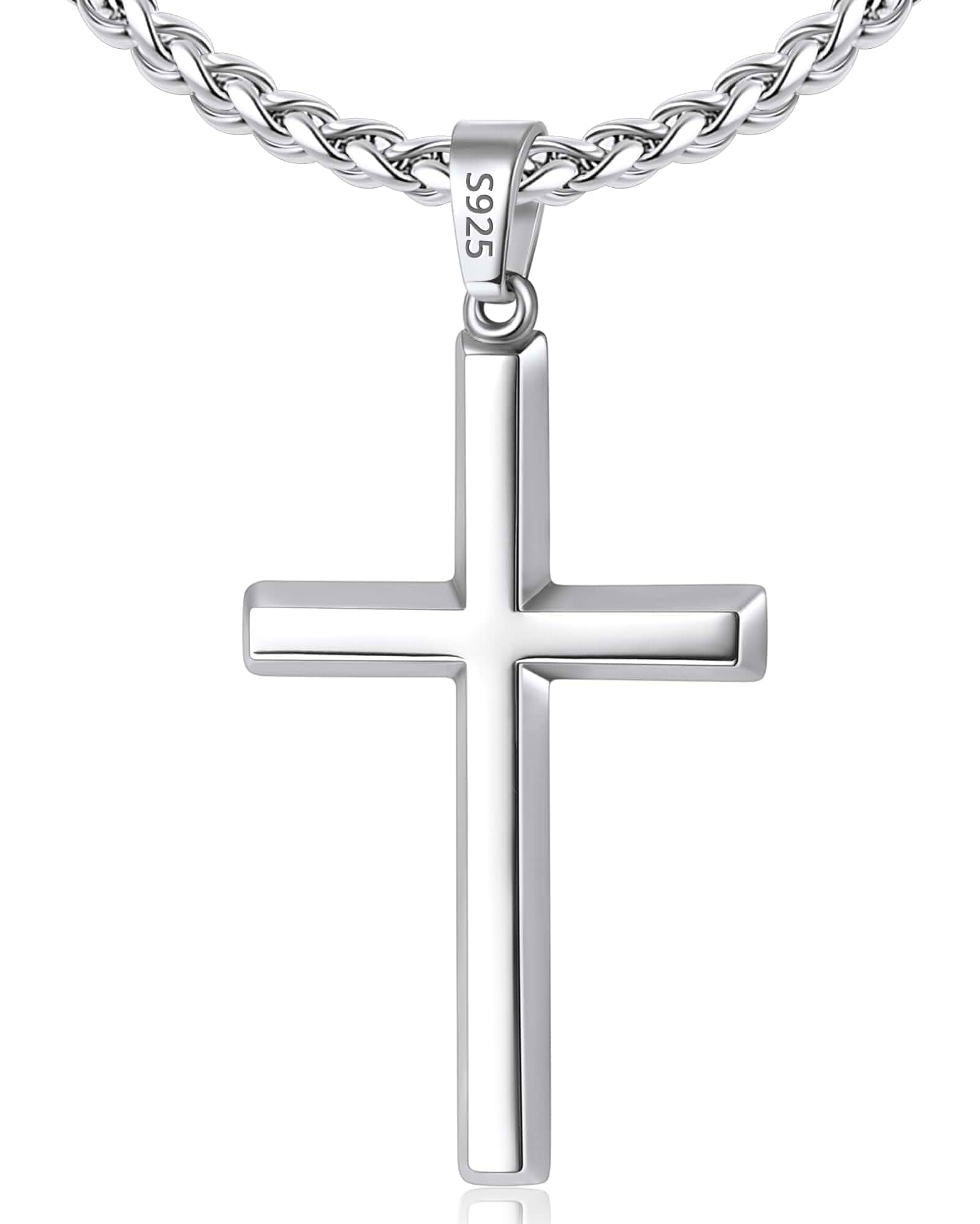 Italian 925 Sterling Silver Cross Necklace for Men, 18k Gold Plated Sterling Silver Mens Cross Necklace with 3mm Stainless Steel Wheat Chain, Jewelry Gifts for Men 18 20 22 24 26 Inch