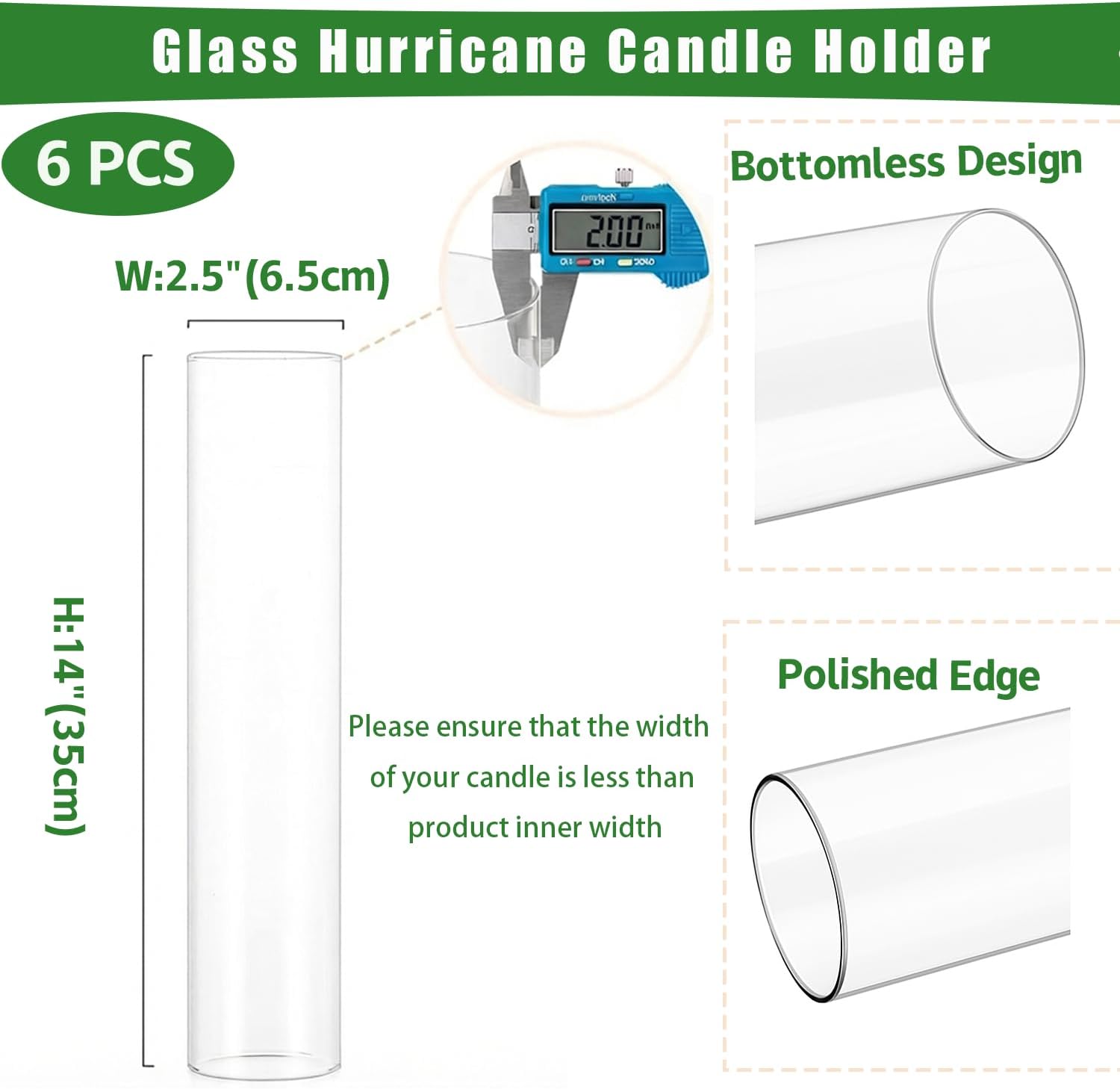 6 Pcs Hurricane Candle Holder Sleeve, W:2.5" H:14" Bottomless Clear Glass Cylinder Candleholder Cover Open Both Ends Glass Chimney, Candle Shade for Centerpieces, Wedding Party Event Decor image 2