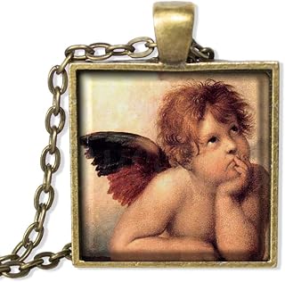 Raphael's Little Angel Cherubs Of Sistine Madonna - Handmade SQUARE Glass Pendant Necklace Jewelry