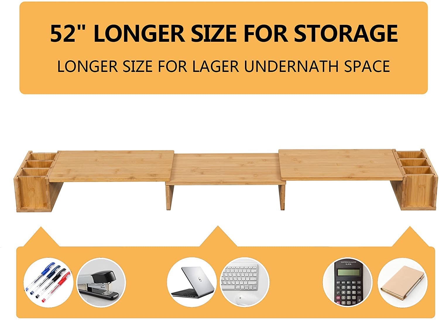 WELL WENG Bamboo Dual Monitor Stand Riser, 3 Shelf Screen Laptop Stand