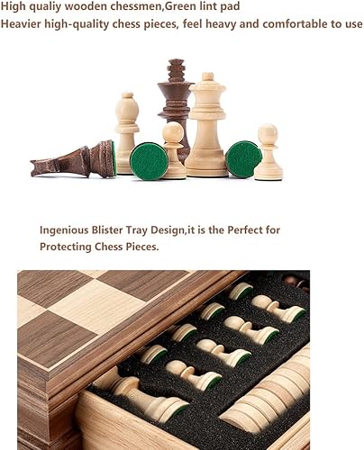 Miniatura 5 de ROLTIN Juego de ajedrez de madera 2 en 1 con cajones, juego de tablero de ajedrez hecho a mano con damas y 2 reinas adicionales, ajedrez de lujo de