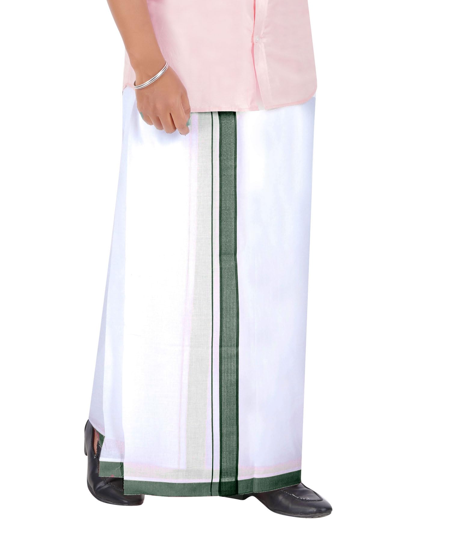Prakasam Cotton Men's Double White Dhoti With Dobby Design Border (1.30 X 4.00 Meter) (Dark Green)