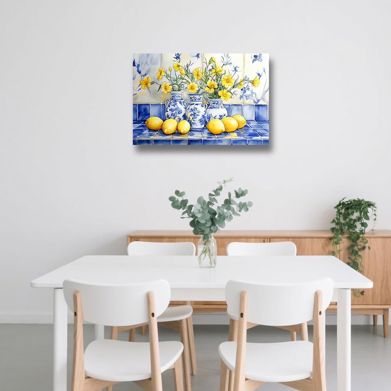 BJYCHG Lemon Pictures Wall Art Kitchen Decor Citrus Fruit Canvas Yellow Lemon Painting Blue Pottery Prints for Restaurant Dining Room Framed (Blue, 12L x 18W)