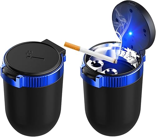 Miniatura 13 de Cenicero de coche con tapa, cenicero desmontable de acero inoxidable con luz LED azul, cenicero portátil mini para vehículo, portavasos, papelera a