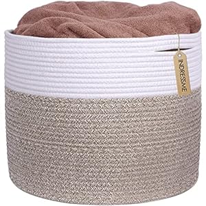INDRESSME Large Cotton Rope Storage Basket – Woven Blanket Basket in Living Room Pillows Storage Bins with Handles for Toys Plant Basket Home Decor Warm Mix Brown White, 15.8″x15.8″x13.8″