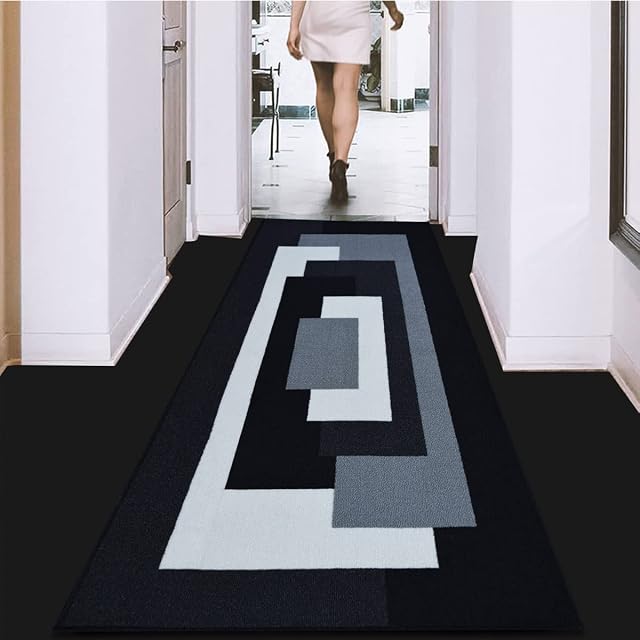 Carpet Runners for Hallways Non Slip Long - Flat Weave Non Shed Thick Abstract Rug Carpet Mat Kitchen Rug - Washable Runner Rug Anti Slip Mat, 80 x 300 cm, Black Grey