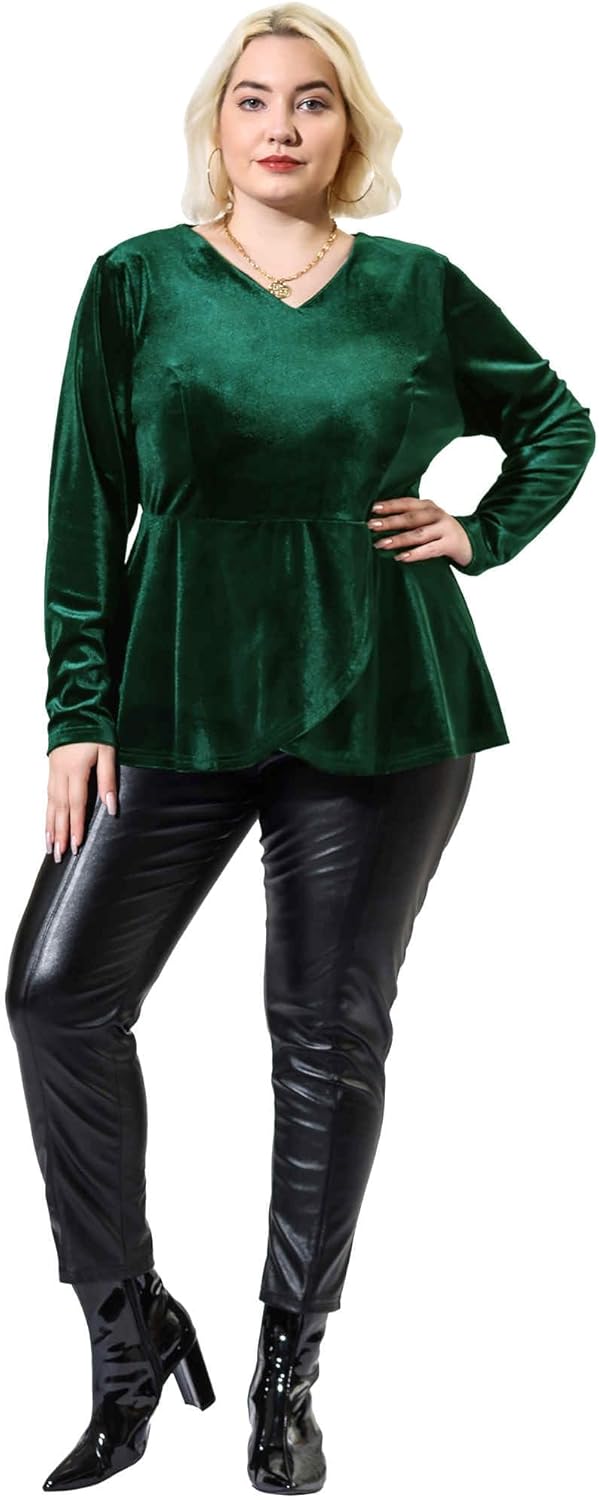 Agnes Orinda Women's Plus Size Retro Velvet Velour Tops V Neck Tulip Hem Long Sleeve Christmas Peplum Blouse - Image 3