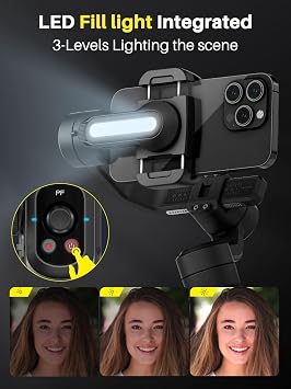 AOCHUAN Professional Gimbal Stabilizer for Smartphone,Built-in 18CM Extension Rod and Powerful Fill Light,360Inception,Face&Object Tracking Stabilizer,3-Axis Gimbal for iPhone& Android-Smart S2