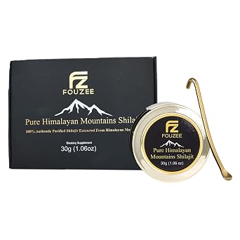 FOUZEE Pure Himalayan Mountains Shilajit - 77% + Fulvic Acid Authentic Hard Consistency, Natural Source of Fulvic Acid, Over 85 Trace Minerals, Includes Stainless Steel Spoon 30 Grams