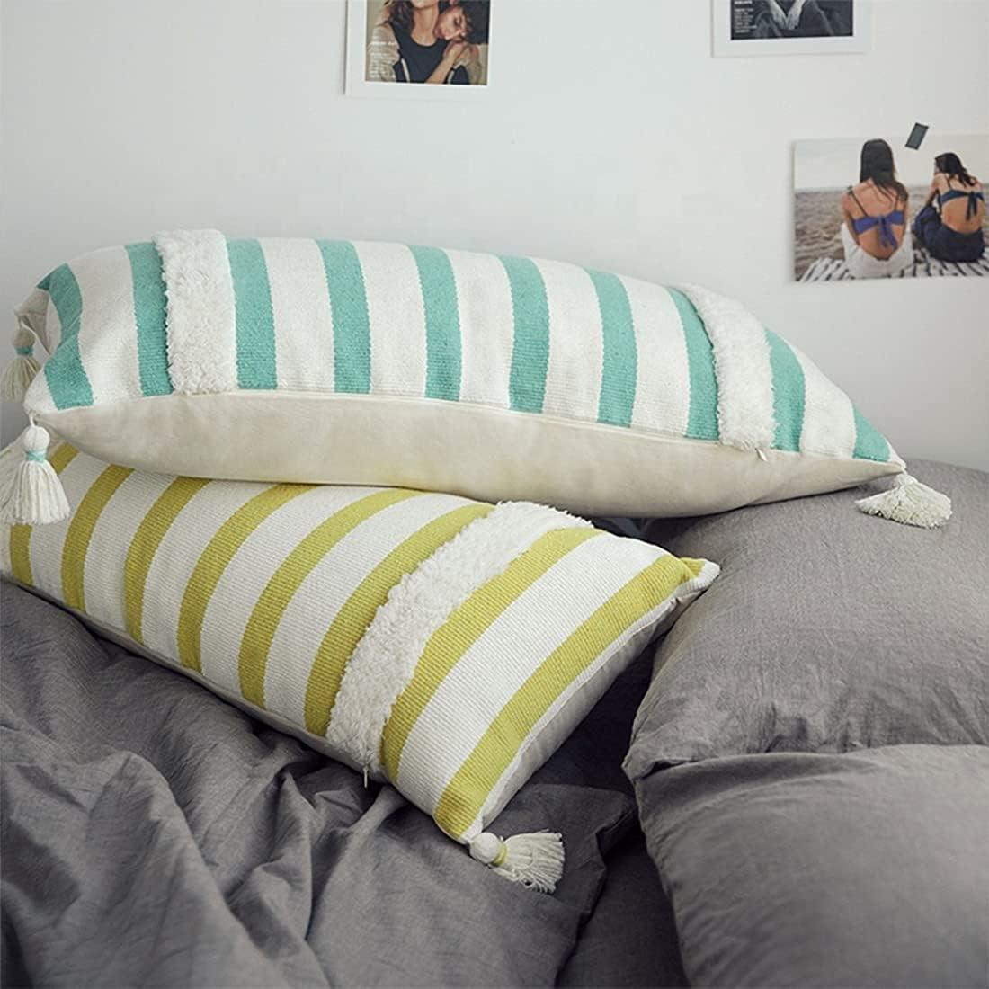 Fennco Styles Handcrafted Tufted Striped Tassel Decorative Lumbar Throw Pillow Cover 14" W x 32" L - Green Rectangle Cushion Case for Home, Couch, Living Room, Bedroom, Office Décor