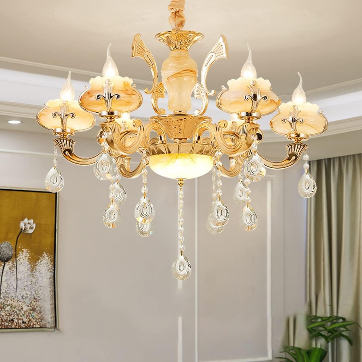 Luxury Crystal Decorative Candle Chandelier 6-Lig,- Zinc Alloy Hanging Chandelier with Glass Shades Compatible with Living Room Bedroom Entrance Dining Room Villa Duplex Stair Ceiling Ligs, vinta