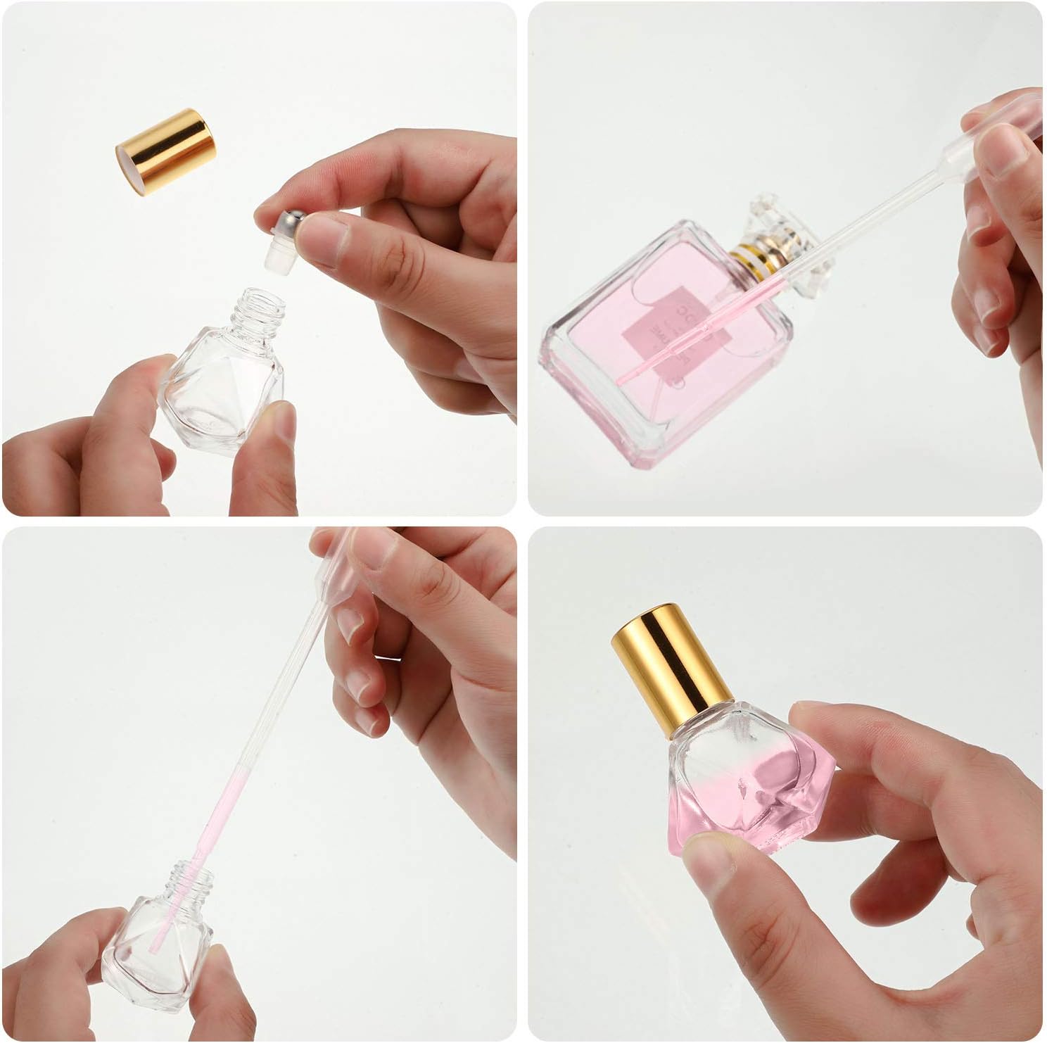 12 Pieces 8 ml (0.27 oz) Clear Roller Bottles DIY Essential Oil Roller Bottle Glass Cosmetic Containers and 12 Pieces Plastic Dropper for Essential Oils Perfumes Aromatherapy (Golden)