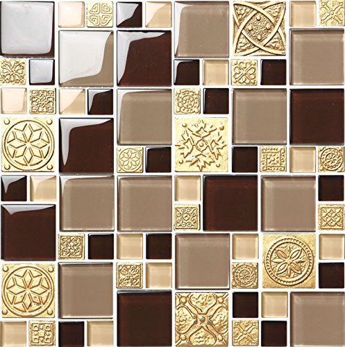 K&B Mosaic Collection Artistic Style Design Stained Glass Mosaic in Combination with Golden Ceramic, Stardust Pattern - Pack of 6 Sheets-image-39