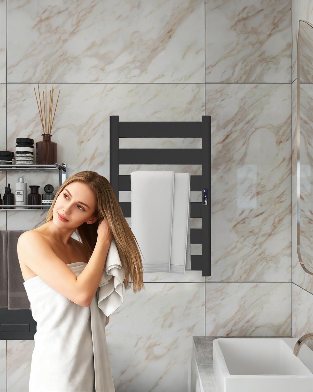 6-Bar Space Aluminum Heated Towel Rack, Wall Mounted, Fast Warm-up, Adjustable Temperature & Timer, Luxury Spa Experience for Bathroom, Matte Black