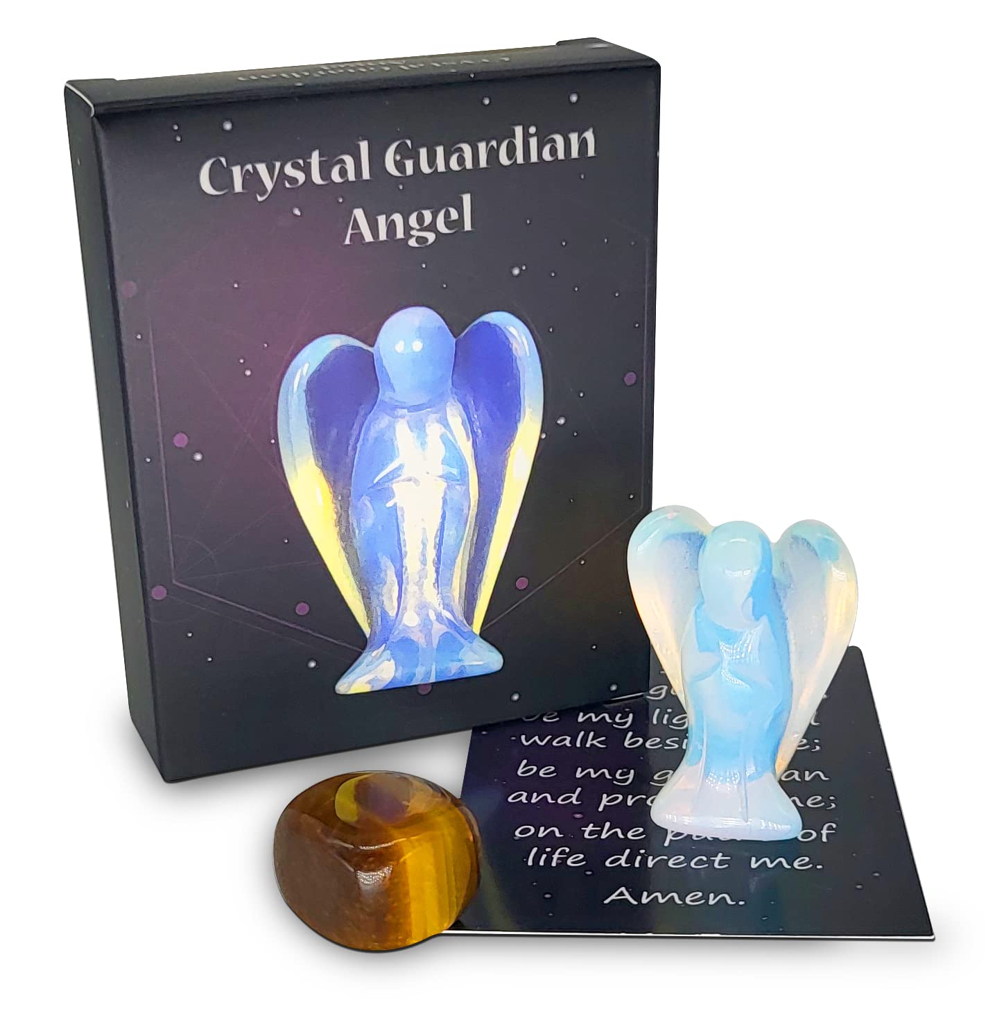 Moonlight Opalite Guardian Angel with *Extra* Chakra Crystal. 1½ Inch Angel with Gift Box & Tiger’s Eye, Turquoise, Amethyst, Lapis Lazuil, Clear Quartz or Other Crystal. Statue Ornament & Figurine.