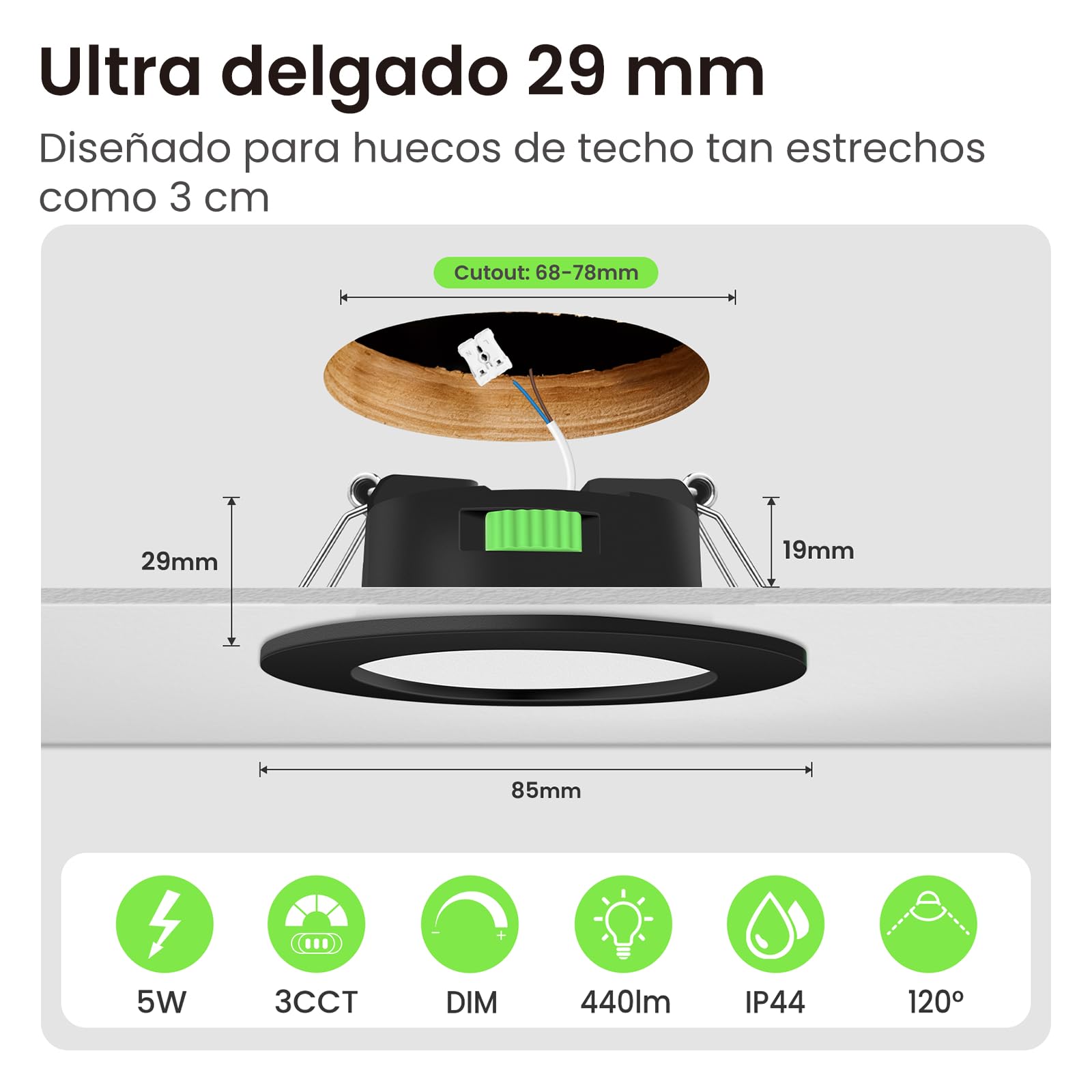 ALUSSO LIGHTING Foco LED empotrable regulable, 5 W, 460 lúmenes, foco de cuarto de baño, IP44, 3CCT 3000 K, 4000 K, 6500 K, temperatura de color ajustable, foco para cuarto de baño, sala de estar
