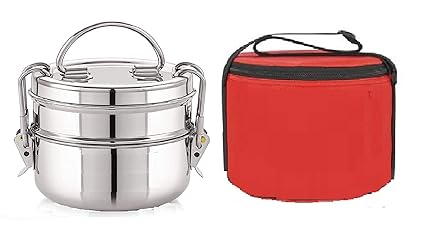 FUTENSILS Manav Stainless Steel Tiffin Box and Hot Puff Bag, Capacity-1120 ml(7X2), Dia-4.5