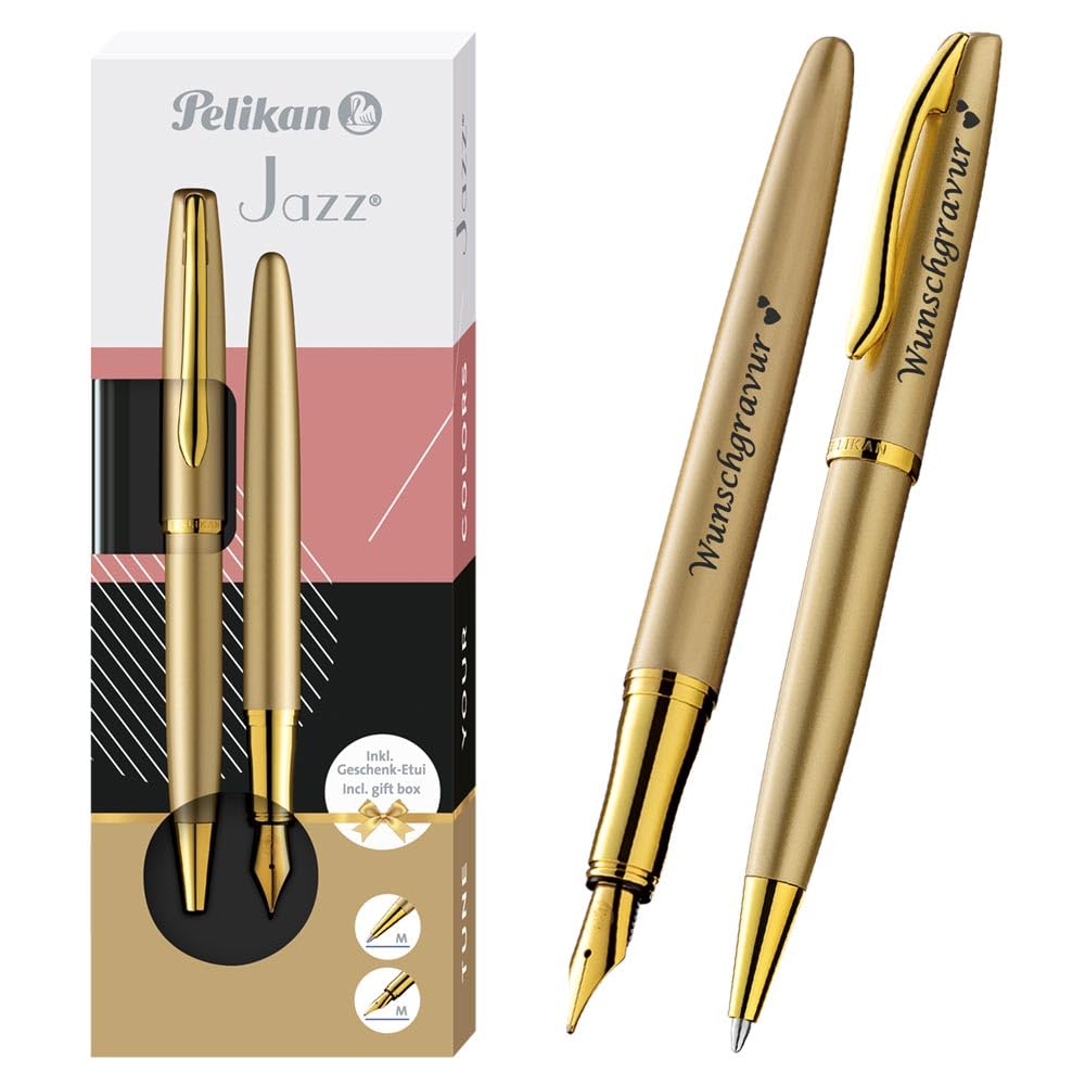 Pelikan Füller & Kugelschreiber Jazz® Noble Elegance im Set mit Wunschgravur | inkl. Geschenkeuti | Emoji Gravur | Gold Gelb Schreibset mit Gravur PS203