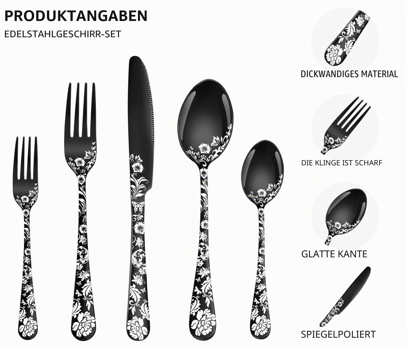 XIAOYU 40-teiliges Besteckset mit Pfingstrosenblüten, Besteckset aus Edelstahl, Besteckset für 8 Personen, Messer, Gabeln, Löffel, Utensilien für die Küche, Silber