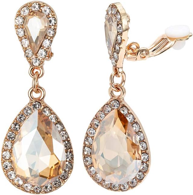 Classic Austrian Crystal Tear Drop Clip on Dangle Earrings for Women Girl