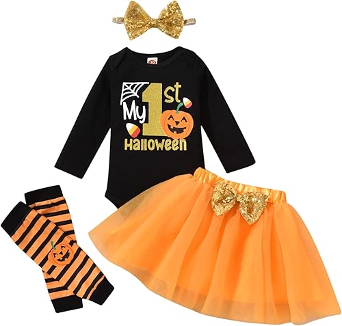 Baby Girl Halloween Costumes My 1st Halloween Outfits Romper+ Tutu Skirt+ Striated Leg Warmer+ Bunny Headband Outfit Set