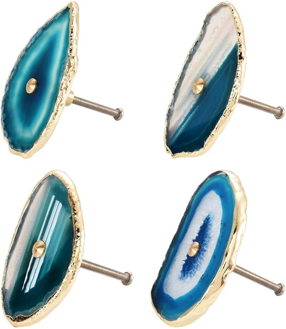 Mogokoyo 4Pcs Natural Agate Knobs Set, Handmade Drawer Pulls Decorative Dresser Cupboard Cabinet Handles with Golden Electroplated Edges(Blue)