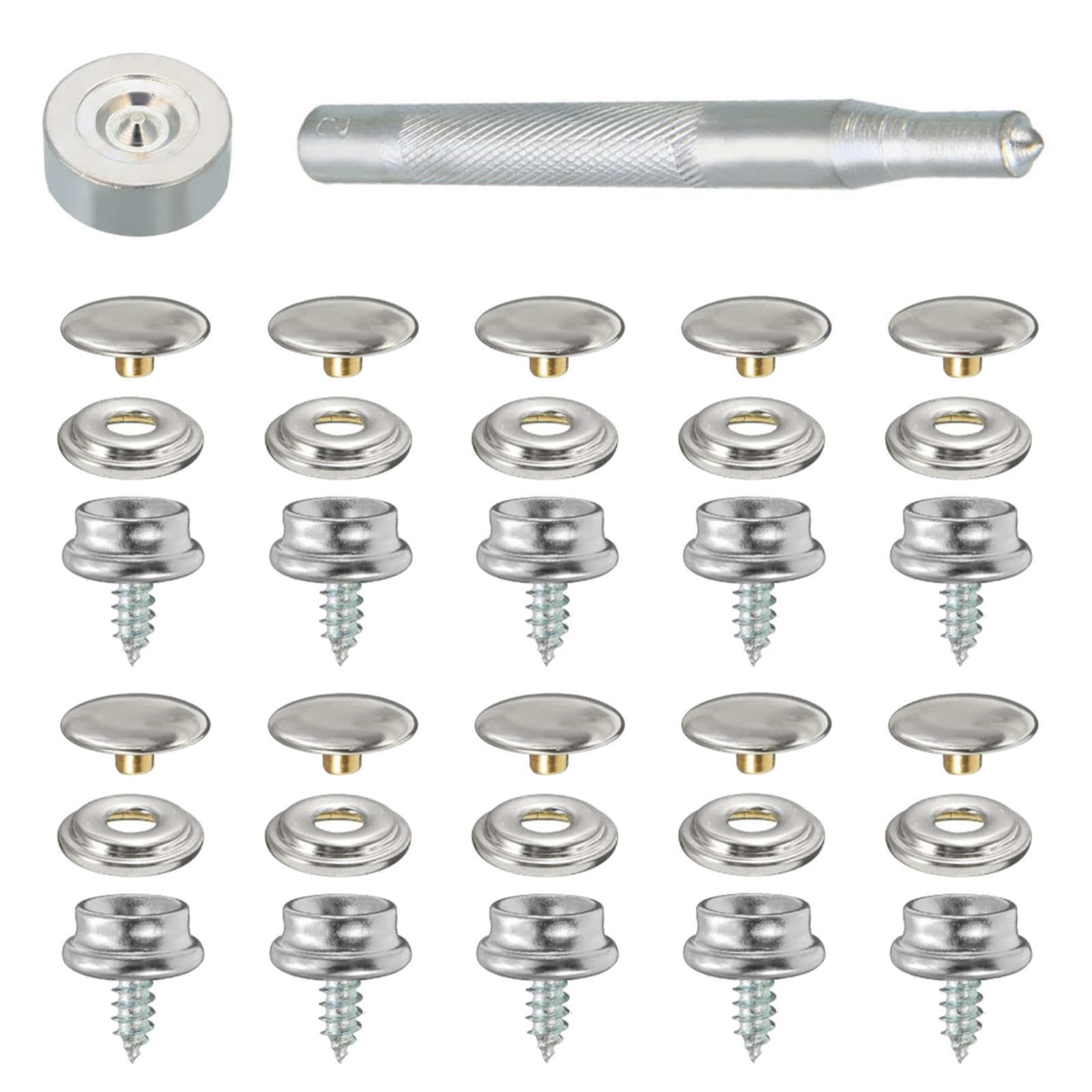Biuchjiu Silver 32 Pcs Screw Snap Fastener Kit 15Mm Canvas Snaps Kit Press Stud Kit Stainless Steel Snap Fasteners For Diy Projects Boat Cover Wood Leather Crafts