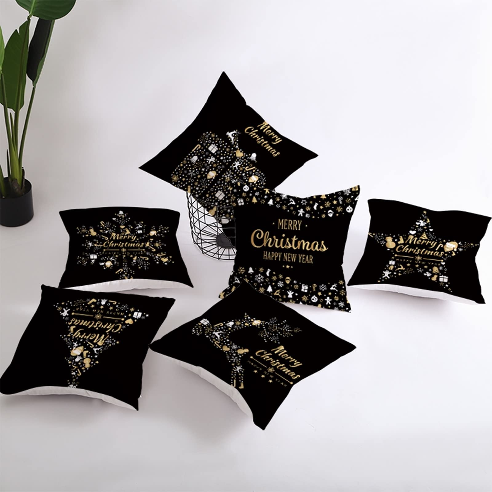 AmDxD Juego de 4 fundas de cojín navideñas de 50 x 50 cm, de poliéster, para salón, dormitorio, negro, dorado y blanco